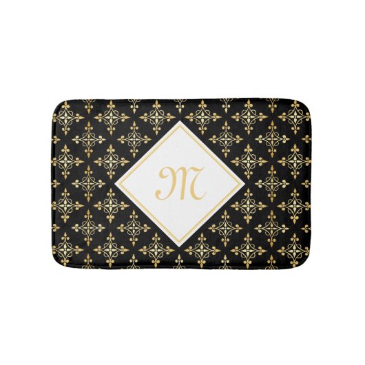 Luxury Monogram Black en Gold Quatre Floral Badmat (Voorkant)
