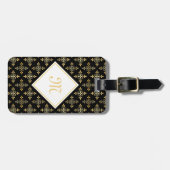 Luxury Monogram Black en Gold Quatre Floral Bagagelabel (Voorkant horizontaal)