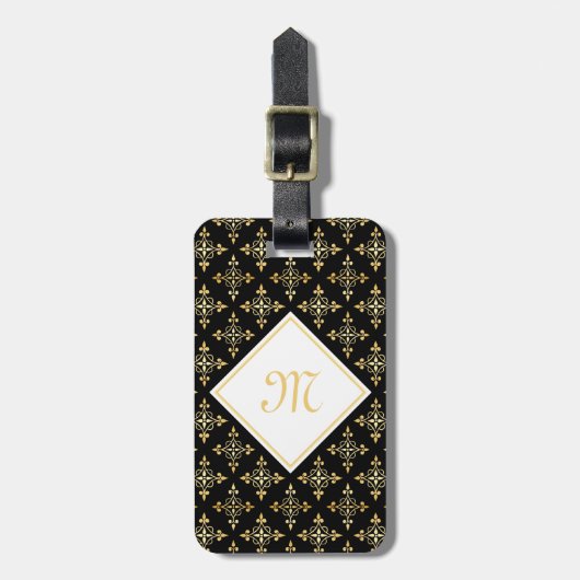 Luxury Monogram Black en Gold Quatre Floral Bagagelabel (Voorkant verticaal)