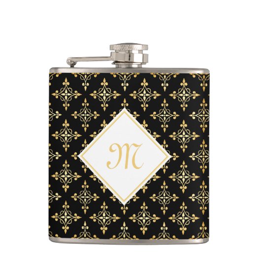 Luxury Monogram Black en Gold Quatre Floral Heupfles (Voorkant)
