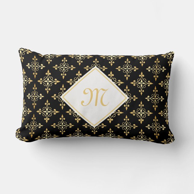 Luxury Monogram Black en Gold Quatre Floral Kussen (Voorkant)