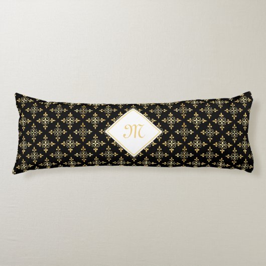 Luxury Monogram Black en Gold Quatre Floral Lichaamskussen (Voorkant)