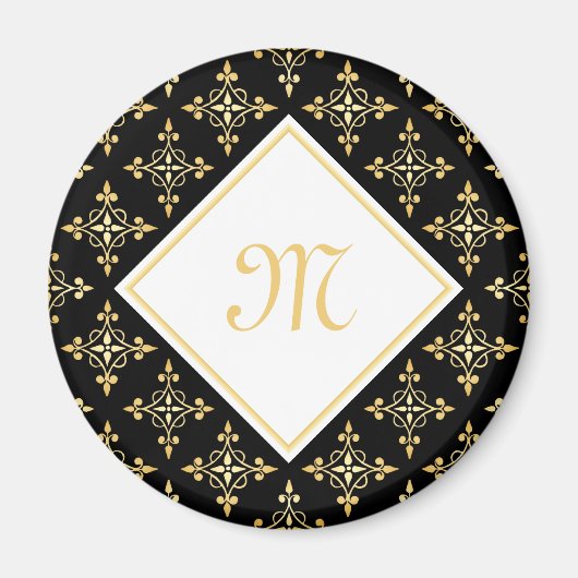 Luxury Monogram Black en Gold Quatre Floral Magneet (Voorkant)