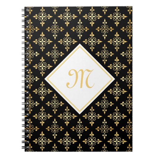 Luxury Monogram Black en Gold Quatre Floral Notitieboek (Voorkant)