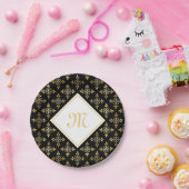 Luxury Monogram Black en Gold Quatre Floral Papieren Bordje (Feest)