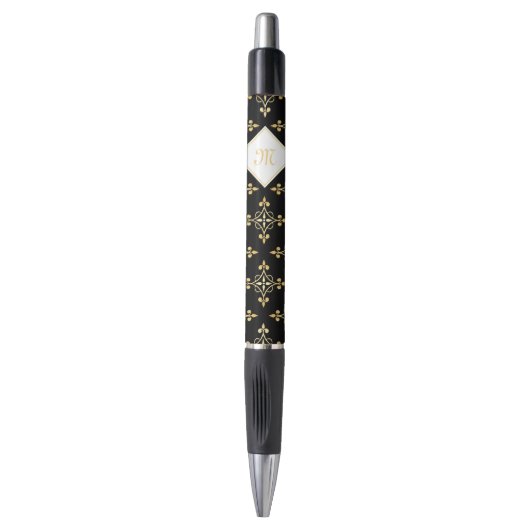 Luxury Monogram Black en Gold Quatre Floral Pen (Voorkant Verticaal)