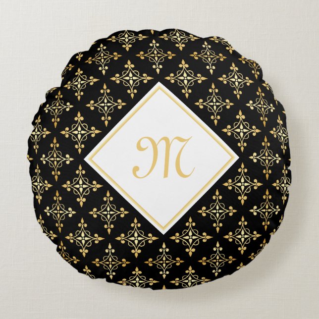 Luxury Monogram Black en Gold Quatre Floral Rond Kussen (Voorkant)