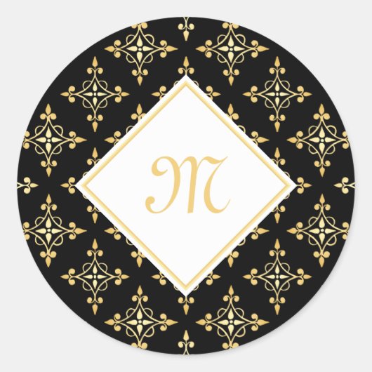 Luxury Monogram Black en Gold Quatre Floral Ronde Sticker (Voorkant)