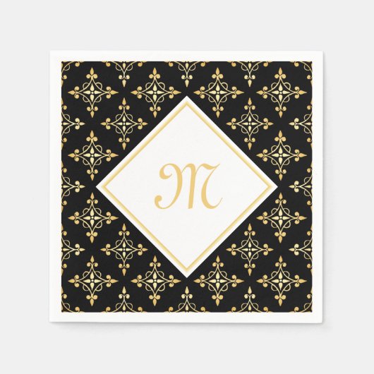 Luxury Monogram Black en Gold Quatre Floral Servet (Voorkant)