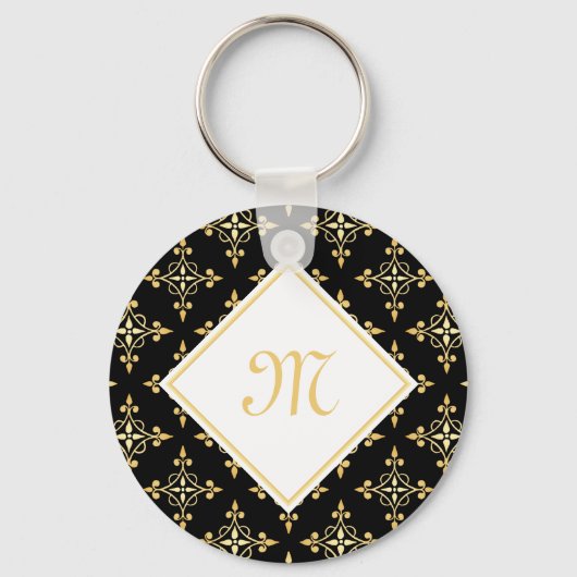 Luxury Monogram Black en Gold Quatre Floral Sleutelhanger (Voorkant)