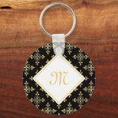 Luxury Monogram Black en Gold Quatre Floral Sleutelhanger (Voorkant)