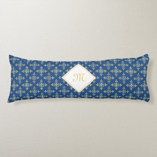 Luxury Monogram Blue en Gold Quatre Floral Lichaamskussen (Voorkant)