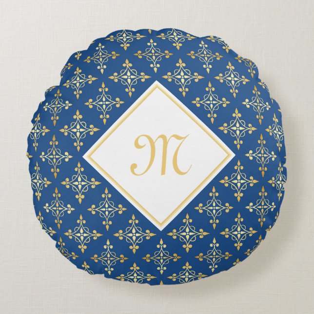 Luxury Monogram Blue en Gold Quatre Floral Rond Kussen (Voorkant)