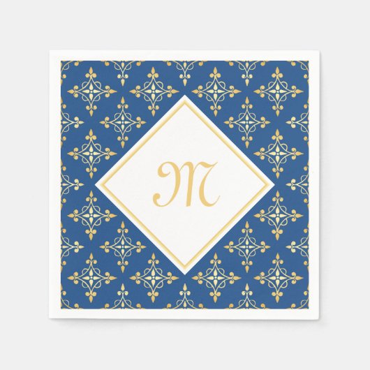 Luxury Monogram Blue en Gold Quatre Floral Servetten (Voorkant)