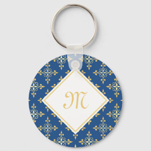 Luxury Monogram Blue en Gold Quatre Floral Sleutelhanger