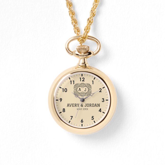 Luxury monogram cream couple names initials horloge (Voorkant)