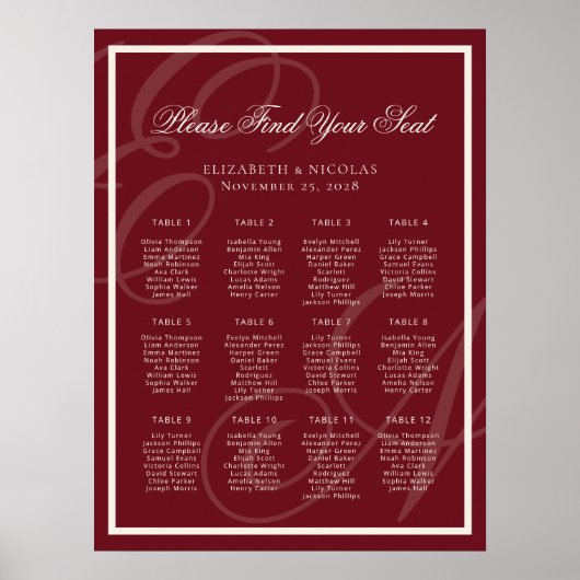 Luxury Monogram Deep Red Wedding Seating Chart Poster (Voorkant)