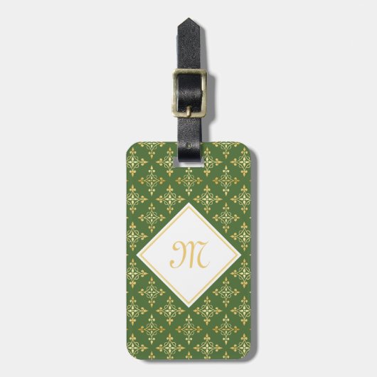 Luxury Monogram Green en Gold Quatre Floral Bagagelabel (Voorkant verticaal)