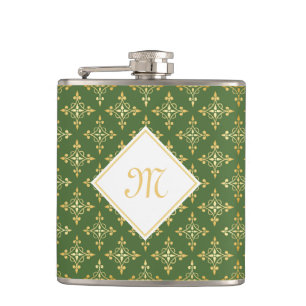 Luxury Monogram Green en Gold Quatre Floral Heupfles