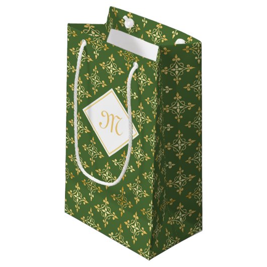 Luxury Monogram Green en Gold Quatre Floral Klein Cadeauzakje (Voorkant Gekanteld)
