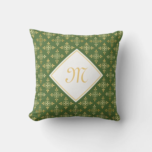 Luxury Monogram Green en Gold Quatre Floral Kussen (Voorkant)