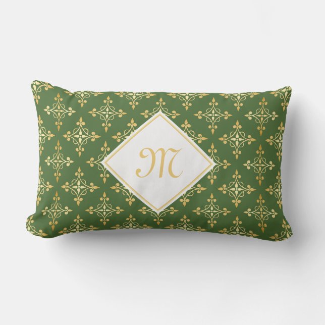Luxury Monogram Green en Gold Quatre Floral Kussen (Voorkant)