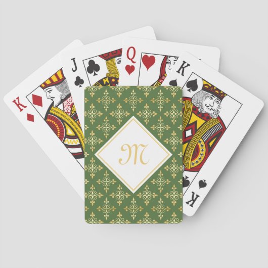 Luxury Monogram Green en Gold Quatre Floral Pokerkaarten (Achterkant)