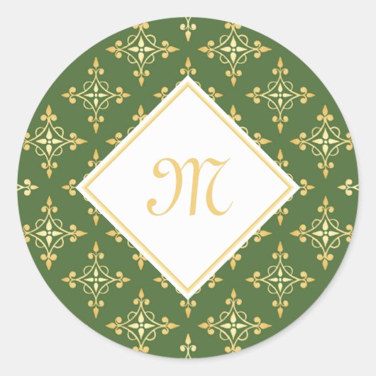 Luxury Monogram Green en Gold Quatre Floral Ronde Sticker (Voorkant)