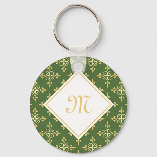 Luxury Monogram Green en Gold Quatre Floral Sleutelhanger (Voorkant)