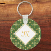 Luxury Monogram Green en Gold Quatre Floral Sleutelhanger (Voorkant)
