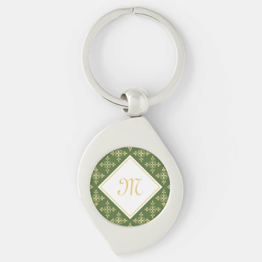 Luxury Monogram Green en Gold Quatre Floral Sleutelhanger (Voorkant)