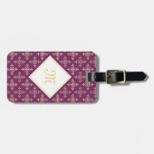 Luxury Monogram Paars en Gold Quatre Floral Bagagelabel (Voorkant horizontaal)