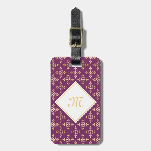 Luxury Monogram Paars en Gold Quatre Floral Bagagelabel (Voorkant verticaal)