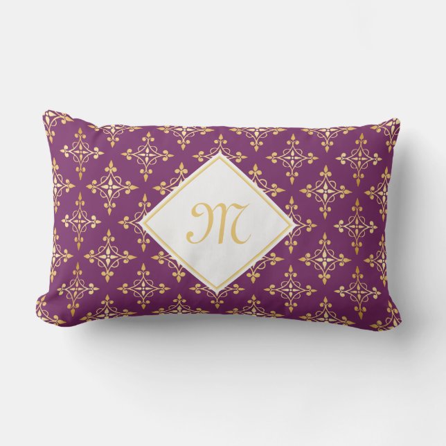 Luxury Monogram Paars en Gold Quatre Floral Kussen (Voorkant)