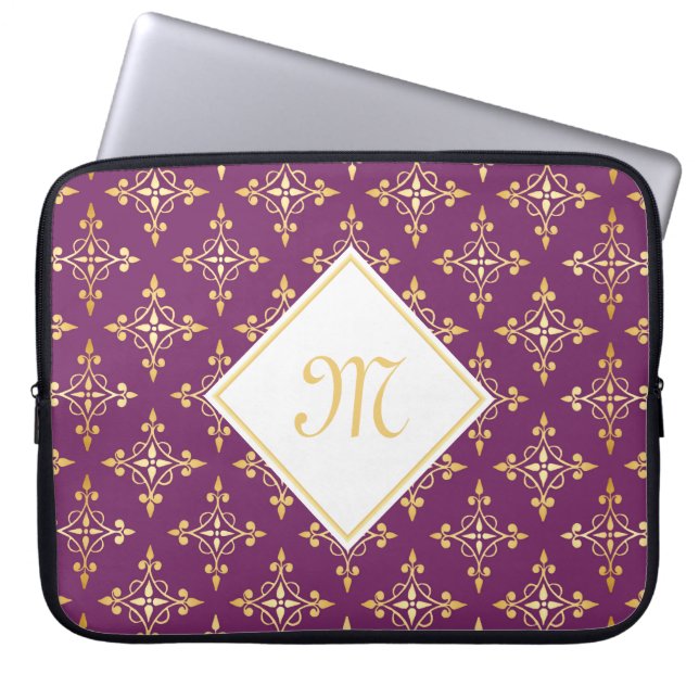 Luxury Monogram Paars en Gold Quatre Floral Laptop Sleeve (Voorkant)