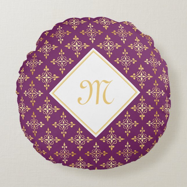 Luxury Monogram Paars en Gold Quatre Floral Rond Kussen (Voorkant)