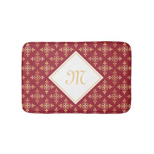 Luxury Monogram Red en Gold Quatre Floral Badmat (Voorkant)