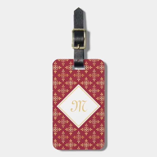 Luxury Monogram Red en Gold Quatre Floral Bagagelabel (Voorkant verticaal)