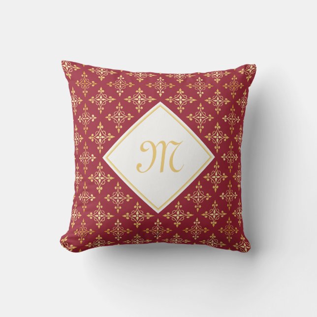 Luxury Monogram Red en Gold Quatre Floral Kussen (Voorkant)