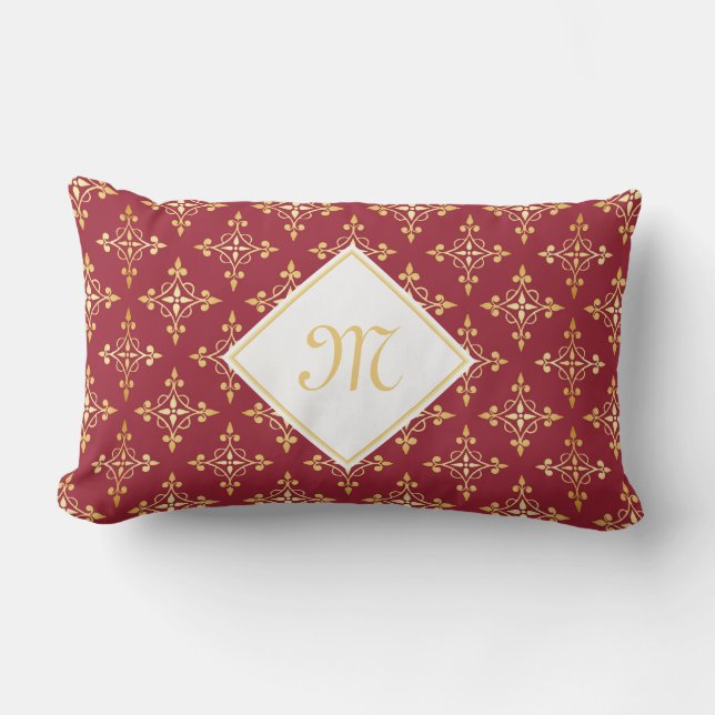 Luxury Monogram Red en Gold Quatre Floral Kussen (Voorkant)