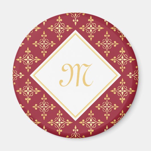 Luxury Monogram Red en Gold Quatre Floral Magneet (Voorkant)