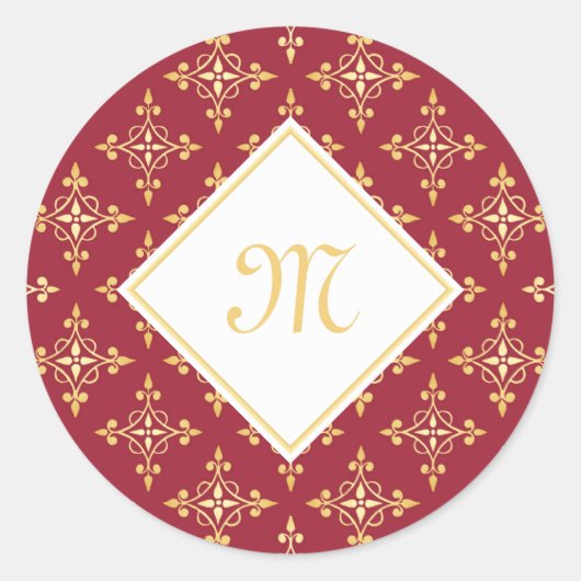 Luxury Monogram Red en Gold Quatre Floral Ronde Sticker (Voorkant)