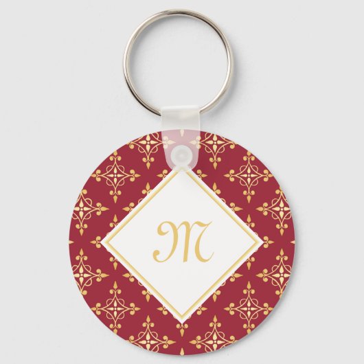 Luxury Monogram Red en Gold Quatre Floral Sleutelhanger (Voorkant)