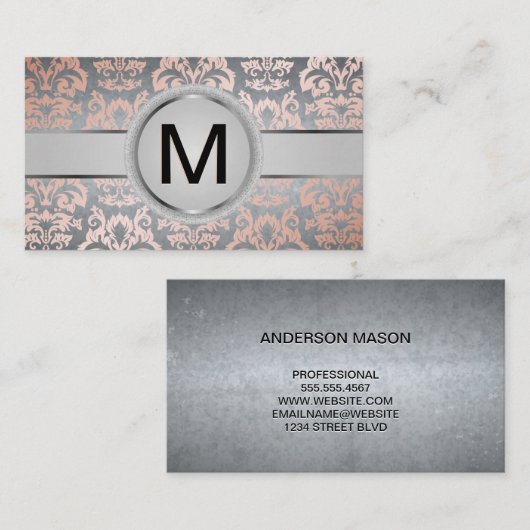 Luxury Monogram Ring | Metallic Roze Goud Damast Visitekaartje (Voorkant / Achterkant)