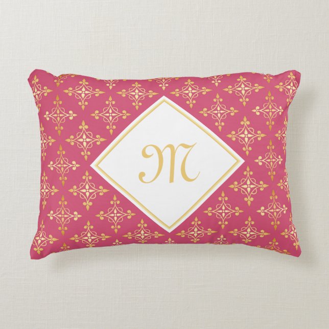 Luxury Monogram roze en Gold Quatre Floral Accent Kussen (Voorkant)