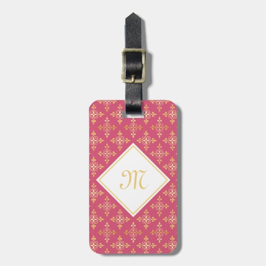 Luxury Monogram roze en Gold Quatre Floral Bagagelabel (Voorkant verticaal)