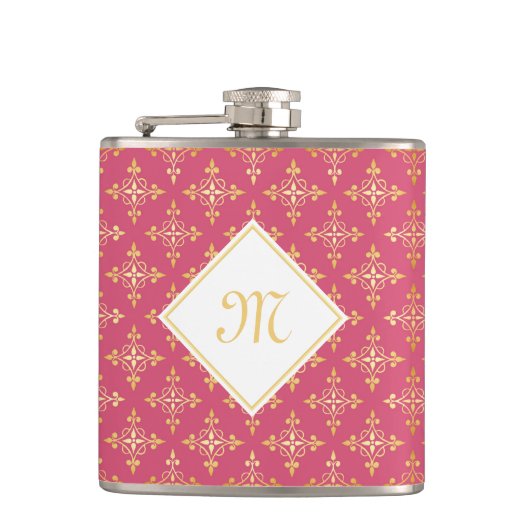 Luxury Monogram roze en Gold Quatre Floral Heupfles (Voorkant)