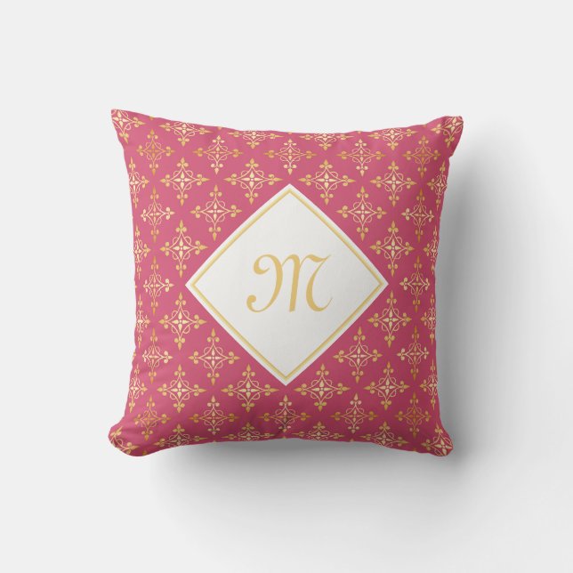 Luxury Monogram roze en Gold Quatre Floral Kussen (Voorkant)