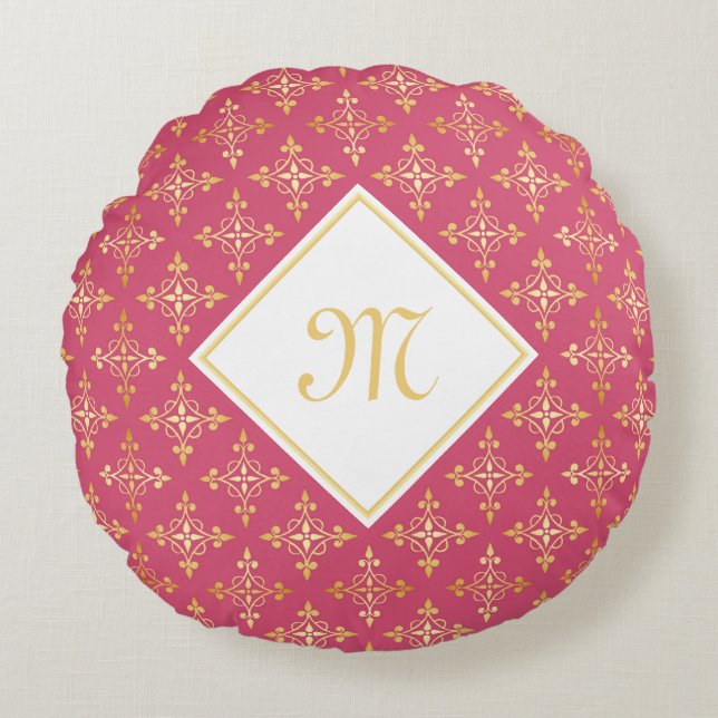 Luxury Monogram roze en Gold Quatre Floral Rond Kussen (Voorkant)
