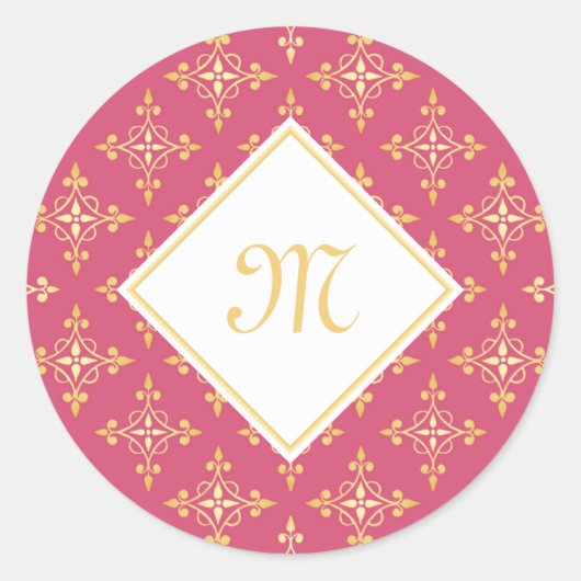 Luxury Monogram roze en Gold Quatre Floral Ronde Sticker (Voorkant)